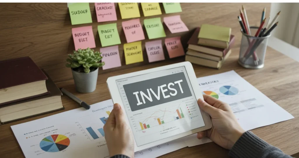 Pessoa estudando finanças pessoais com gráficos, livros e aplicativos em um ambiente organizado