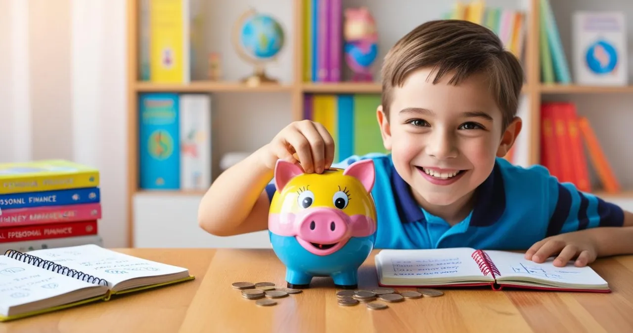 Criança aprendendo educação financeira para crianças com cofrinho e caderno de anotações