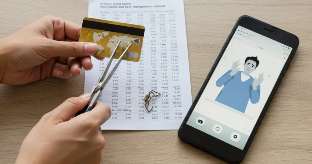 Pessoa cortando cartão de crédito com expressão de alívio, simbolizando controle de dívidas