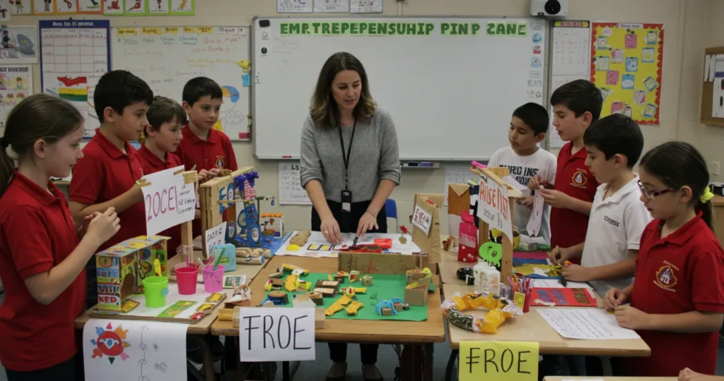 Alunos participando de feira de empreendedorismo como parte da educação financeira para crianças na escola