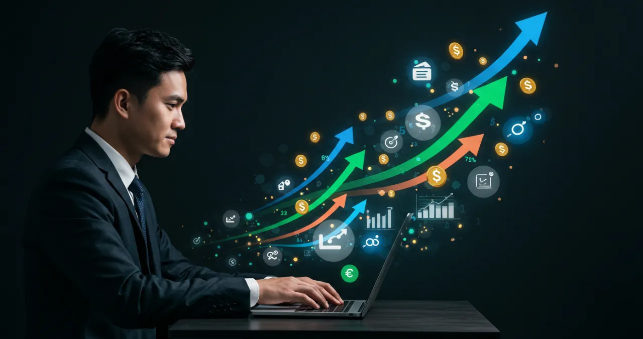 Escalabilidade nos negócios - gráfico de crescimento com elementos de automação digital