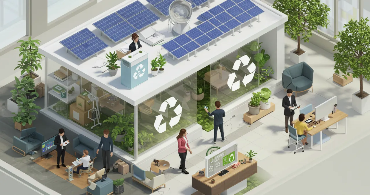 Profissionais discutindo modelos de negócios sustentáveis em ambiente corporativo moderno com símbolos de sustentabilidade