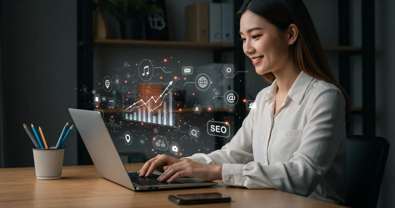 Marketing digital para pequenas empresas - empresária implementando estratégias online