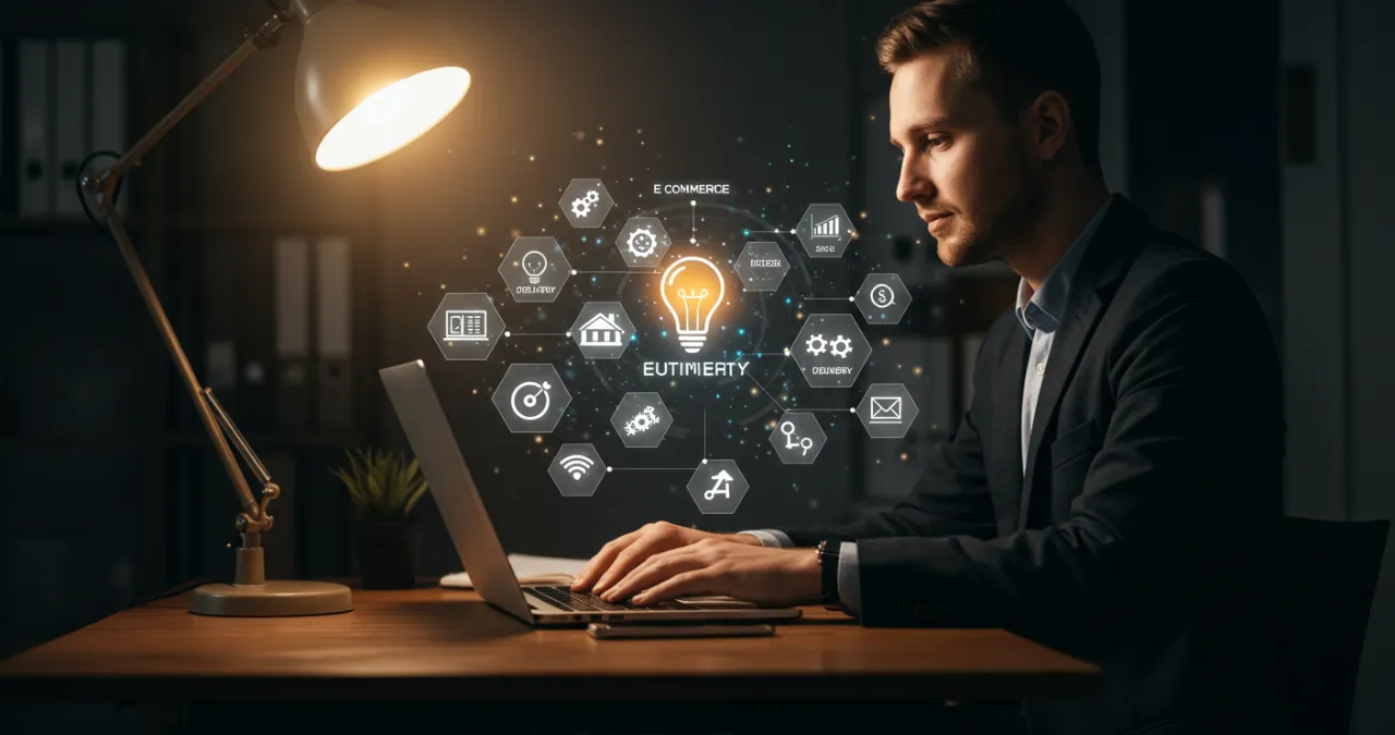 Empreendedor brasileiro desenvolvendo ideias de negócios lucrativos em escritório moderno com ícones digitais