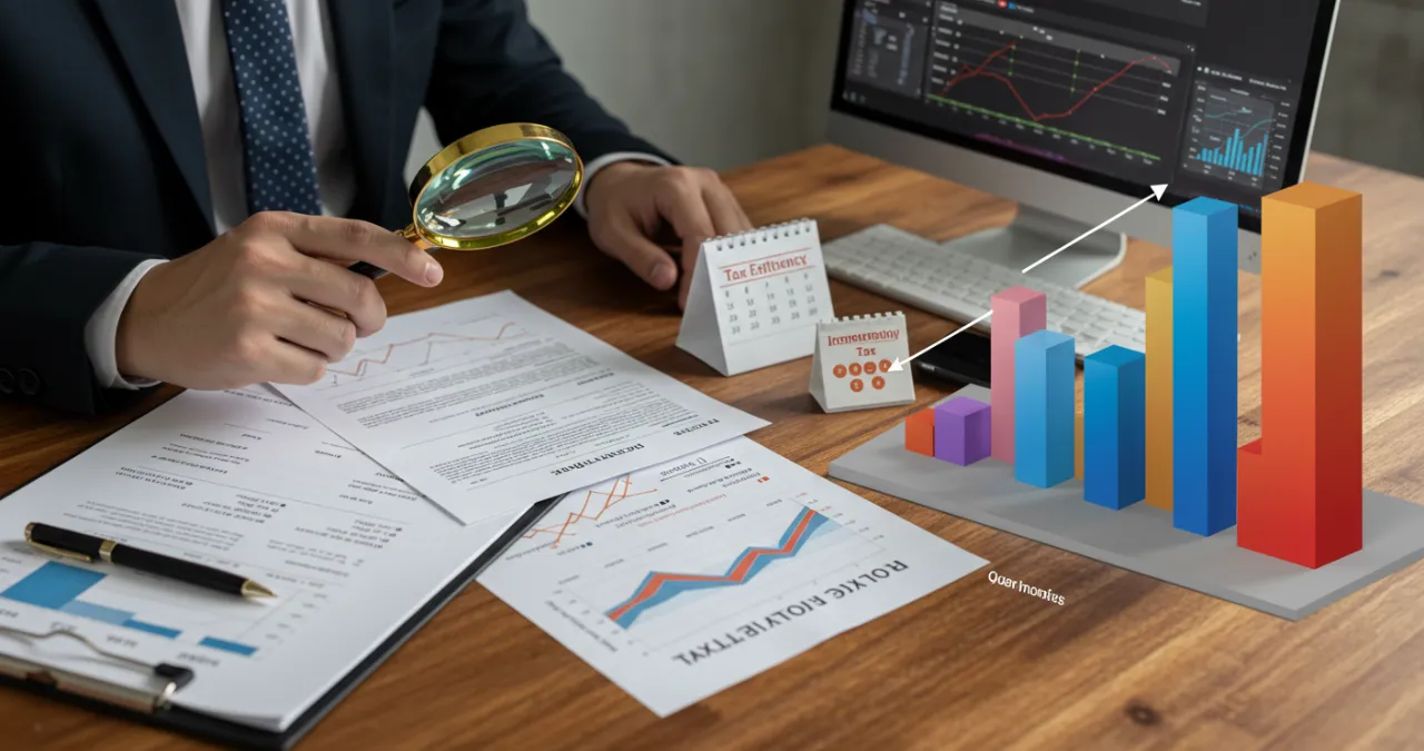 Tributação nos investimentos: calculadora, gráficos e documentos fiscais representando os custos ocultos que afetam rendimentos