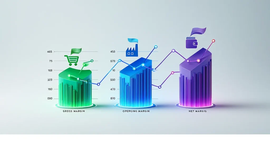 Gráficos de lucratividade mostrando indicadores financeiros de margem bruta, operacional e líquida