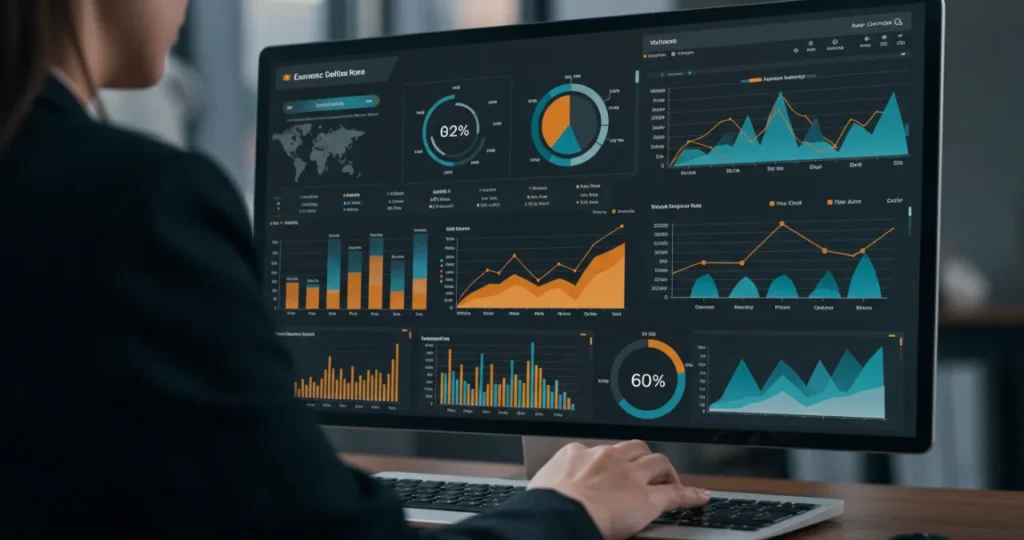 Principais indicadores do desempenho da economia mostrados em dashboard digital interativo