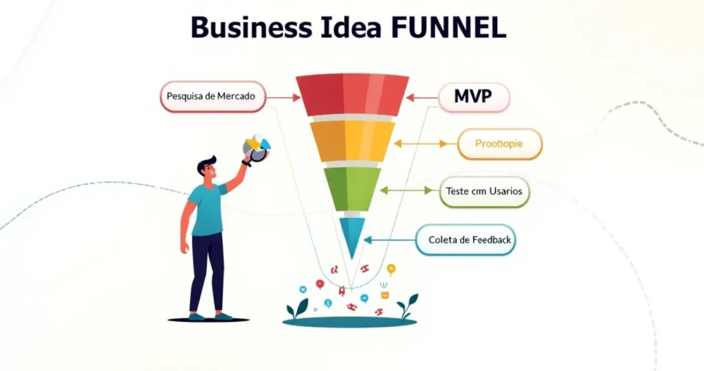 Funil de validação de ideias de negócio com etapas práticas para testar hipóteses.