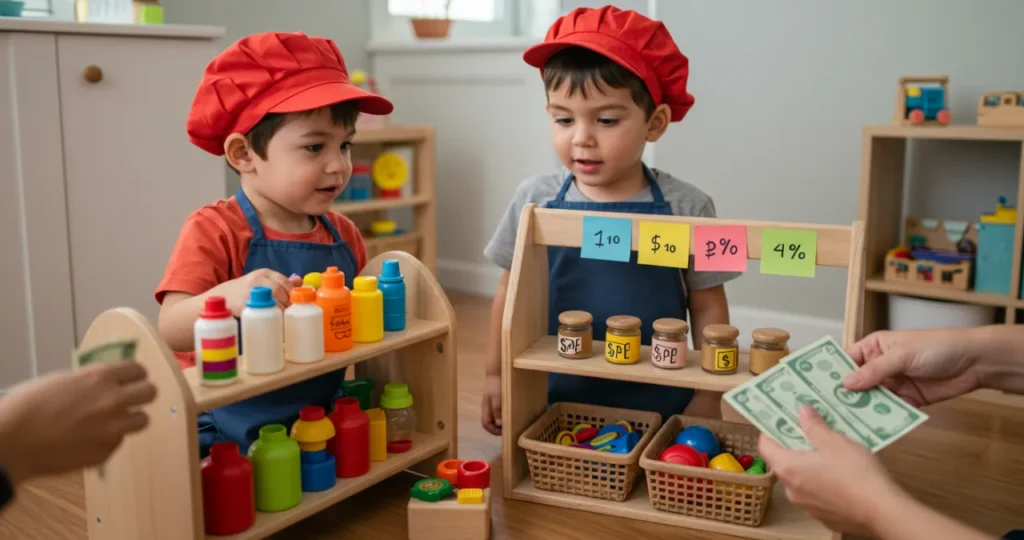Criança brincando de lojinha, aprendendo sobre dinheiro e diversão com mercadinho de brinquedo.