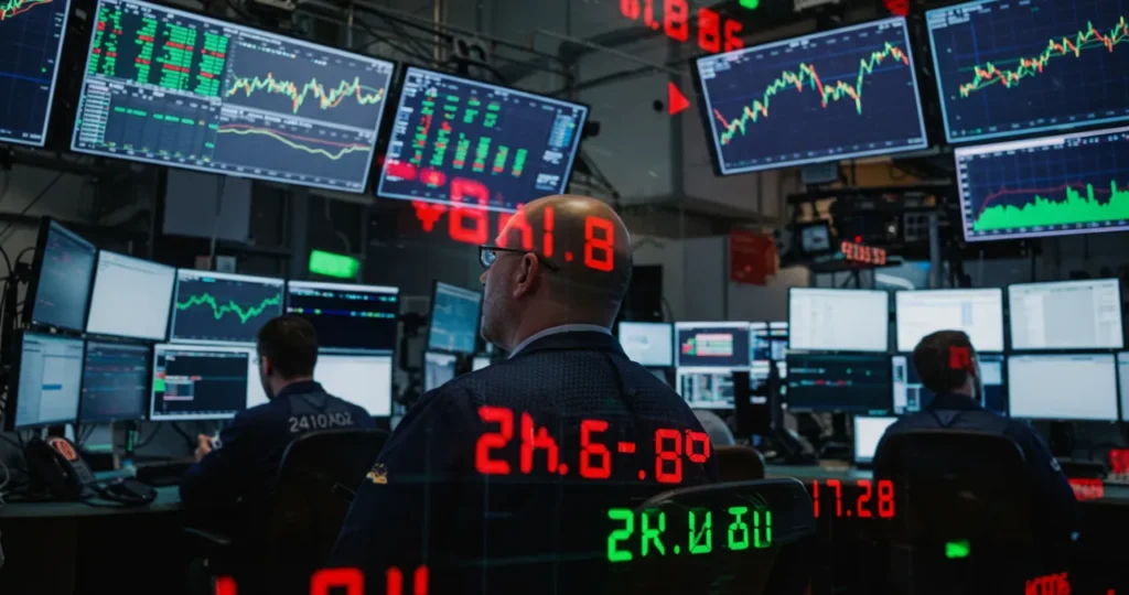 Bolsa de valores refletindo o desempenho da economia com traders analisando mercado financeiro
