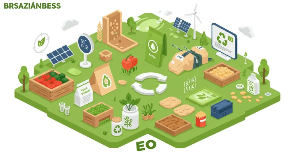 Conceito de negócios sustentáveis com produtos eco-friendly representando ideias de negócios lucrativos verdes