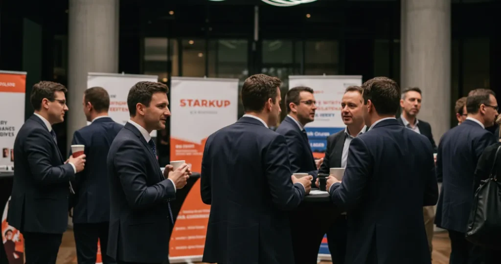 Networking para atrair investidores - profissionais conversando em evento empresarial de startups