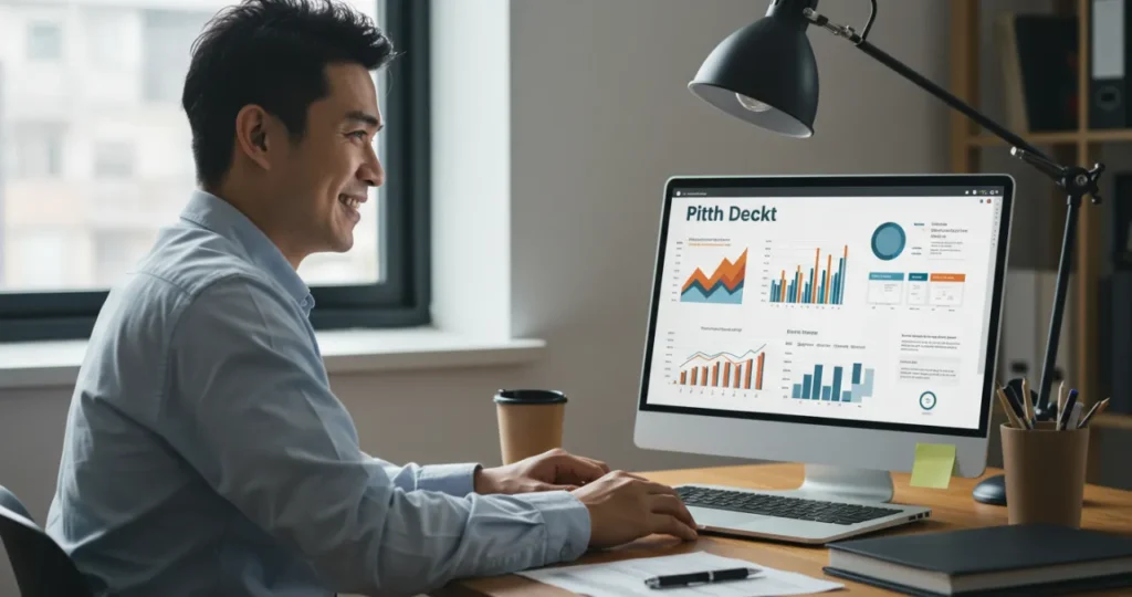Pitch deck para atrair investidores - apresentação com gráficos e métricas de negócios na tela do laptop