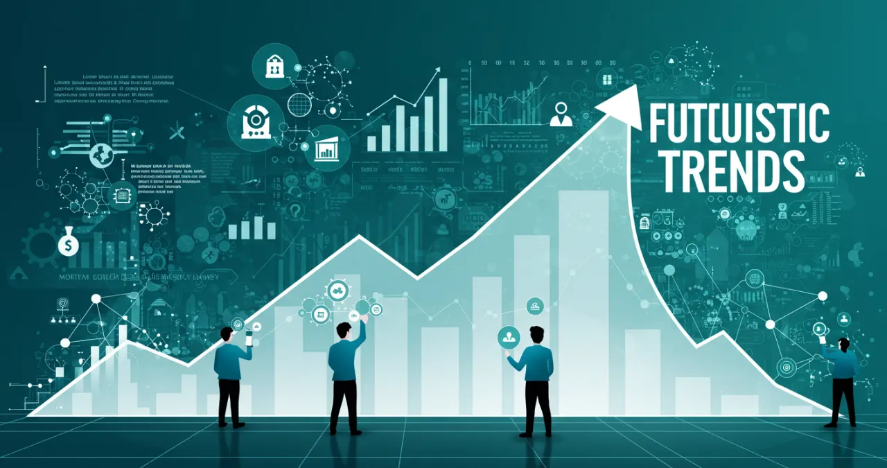 Tendências de negócios 2025 - ilustração com elementos de IA, sustentabilidade e inovação digital