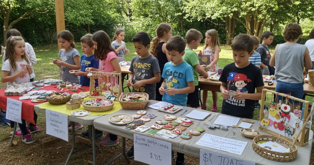 Crianças organizando feirinha beneficente, unindo dinheiro e diversão à solidariedade.