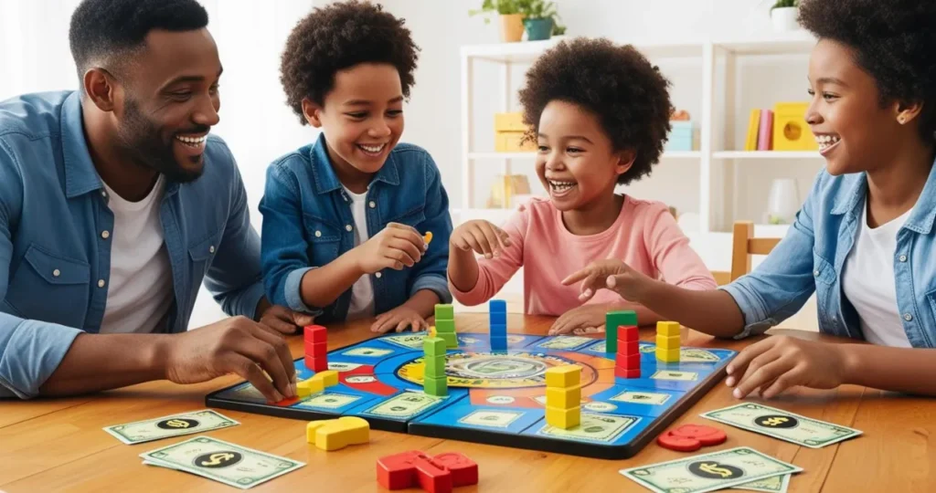 Família implementando sistema de mesada como parte da educação financeira para crianças