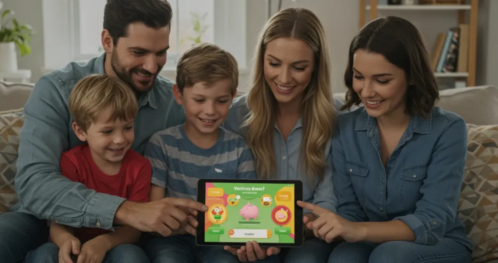 Família usando tablet com aplicativo de dinheiro e diversão para educação financeira infantil.