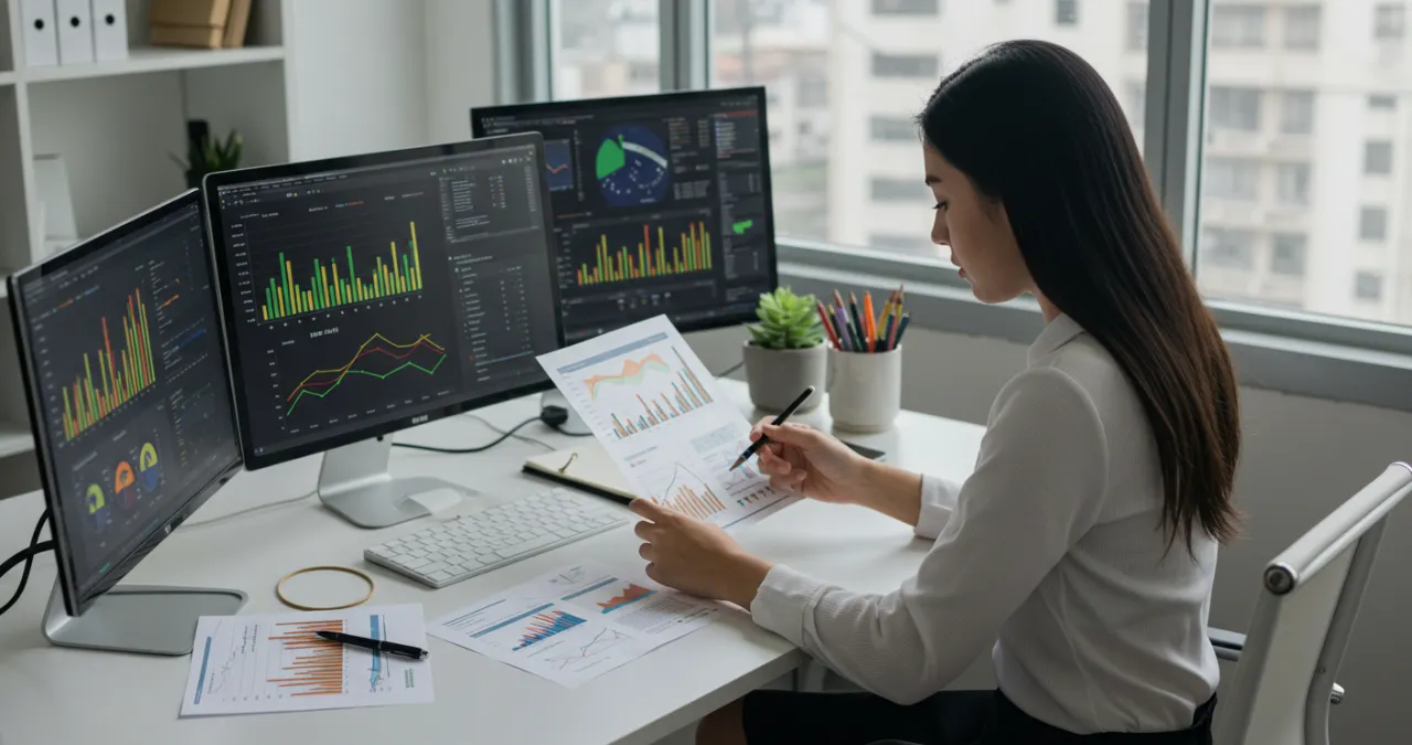 Pessoa planejando estratégias para atingir metas financeiras com gráficos crescentes e cofre
