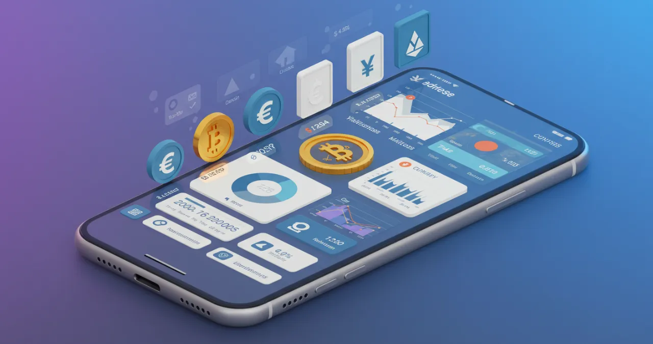 Carteira diversificada com investimentos variados em um smartphone, moedas e gráficos de crescimento