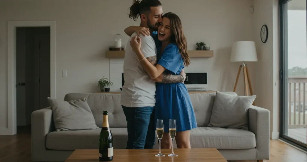 Casal comemorando sucesso após dividir as despesas e alcançar metas financeiras juntos