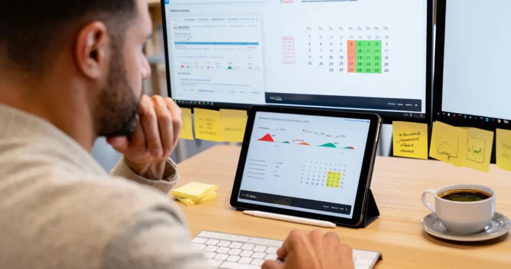 Empreendedor analisando fluxo de caixa e aplicando hábitos financeiros de controle em planilhas digitais e físicas