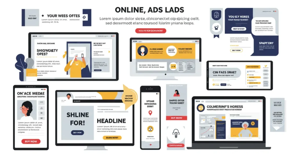 Elementos textuais de anúncios online eficazes destacando headlines e CTAs