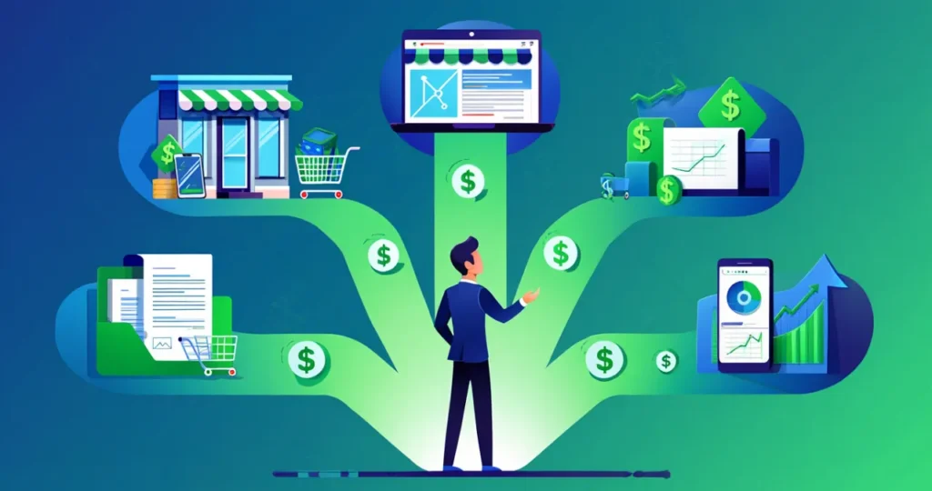 ): Representação visual de múltiplas fontes de receita como hábito financeiro de empreendedores bem-sucedidos