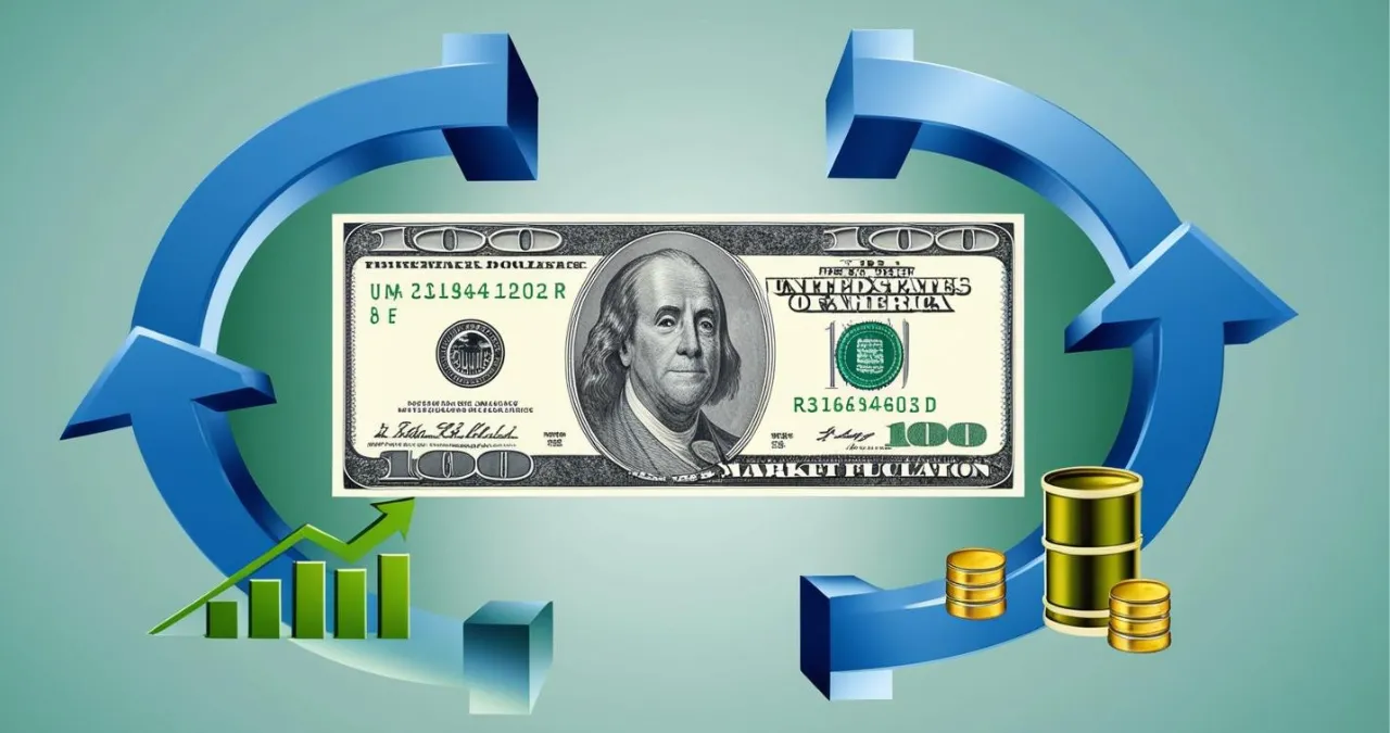 Dólar em alta ou baixa impactando diferentes tipos de investimentos com símbolos financeiros