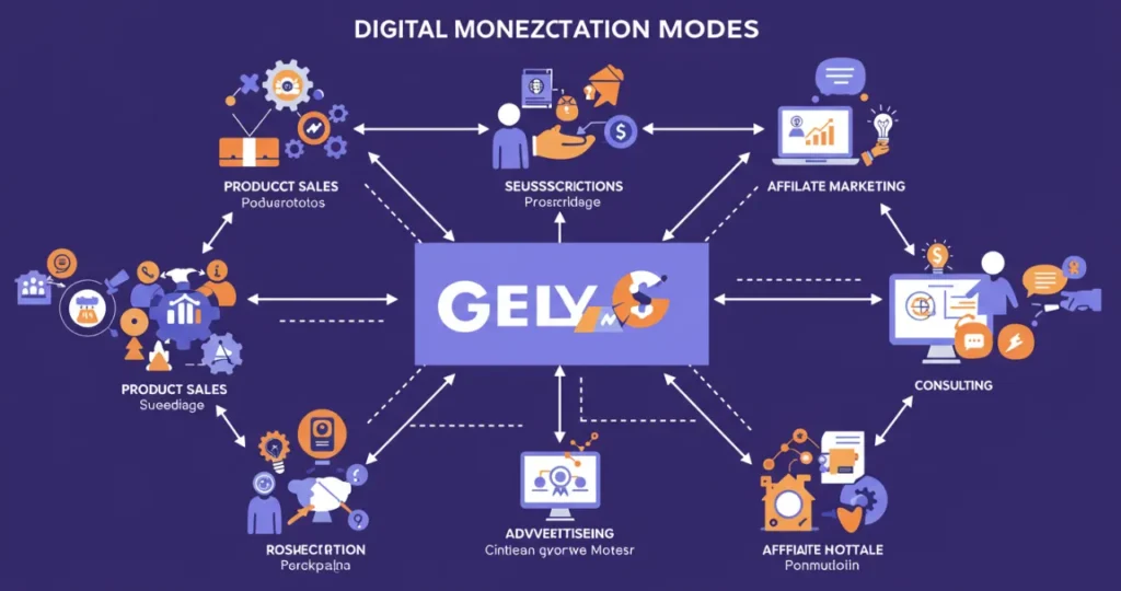 Diferentes fontes de receita no empreendedorismo digital ilustradas em formato de fluxograma de monetização.