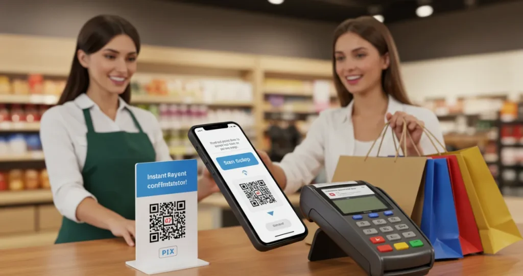 Cliente realizando pagamento via QR Code PIX para empresas em loja física