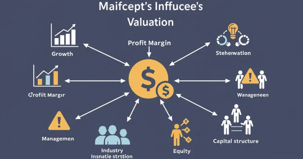 Fatores-chave de valuation empresarial representados em um diagrama com setas e indicadores financeiros