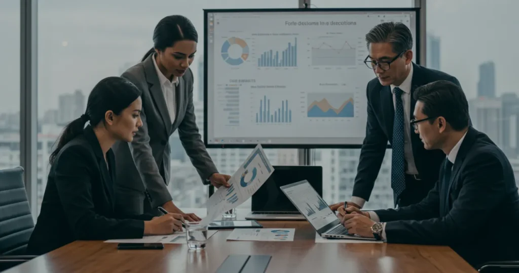 Empresários avaliando impactos futuros de decisões sobre custo ou investimento