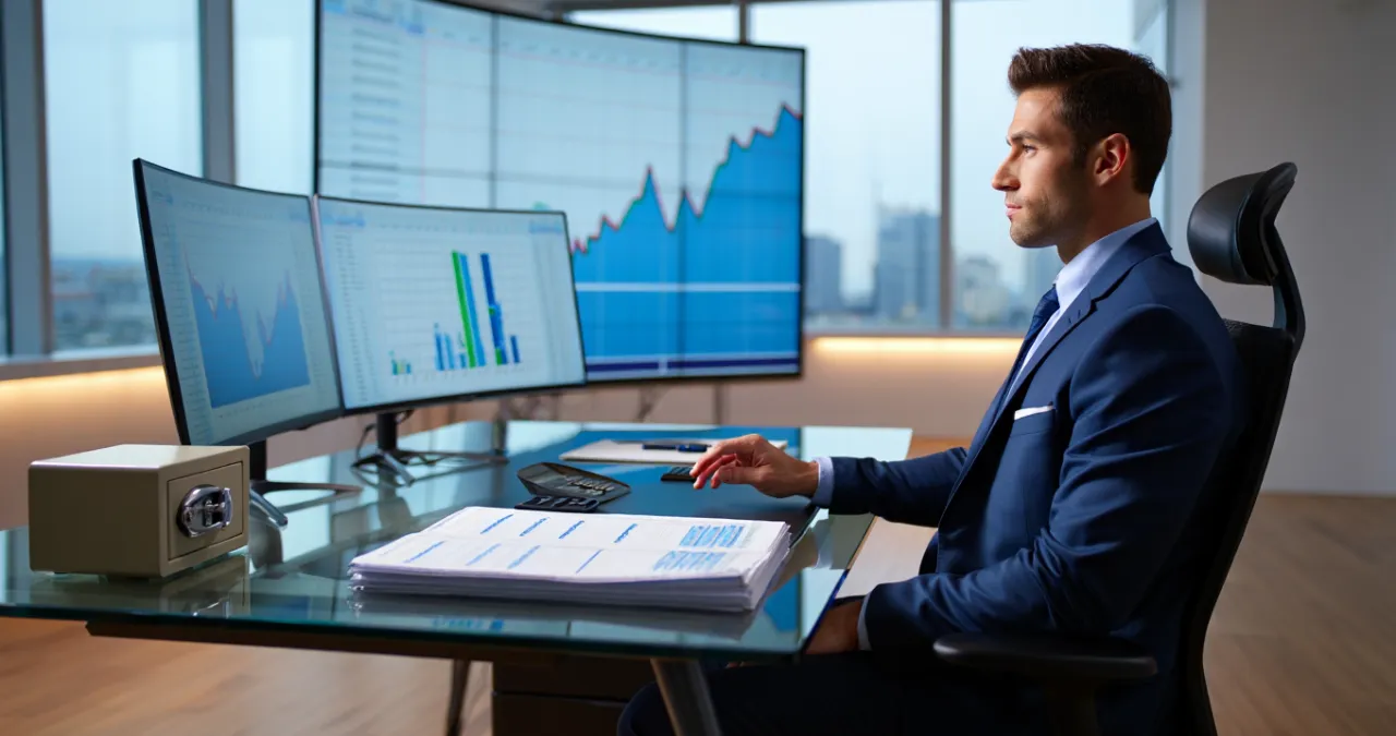 ): Empreendedor de sucesso aplicando hábitos financeiros essenciais em seu escritório com gráficos e planilhas organizadas