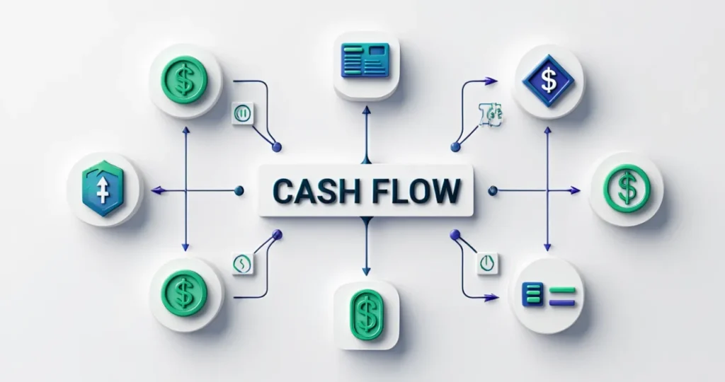 Controle de fluxo de caixa representado por diagrama com entradas e saídas financeiras empresariais