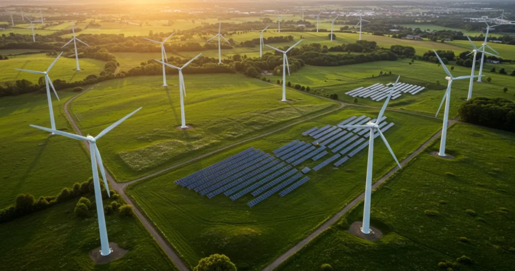  Investimentos sustentáveis financiando projetos de energia renovável com turbinas eólicas e painéis solares em paisagem verde.