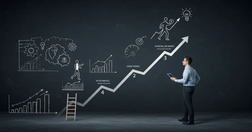 Gráfico de crescimento ascendente representando a evolução no empreendedorismo digital com etapas bem definidas.