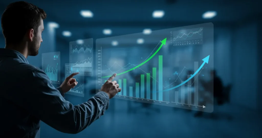 Jovens e finanças: pessoa jovem visualizando metas financeiras futuras em realidade aumentada com símbolos de liberdade financeira.