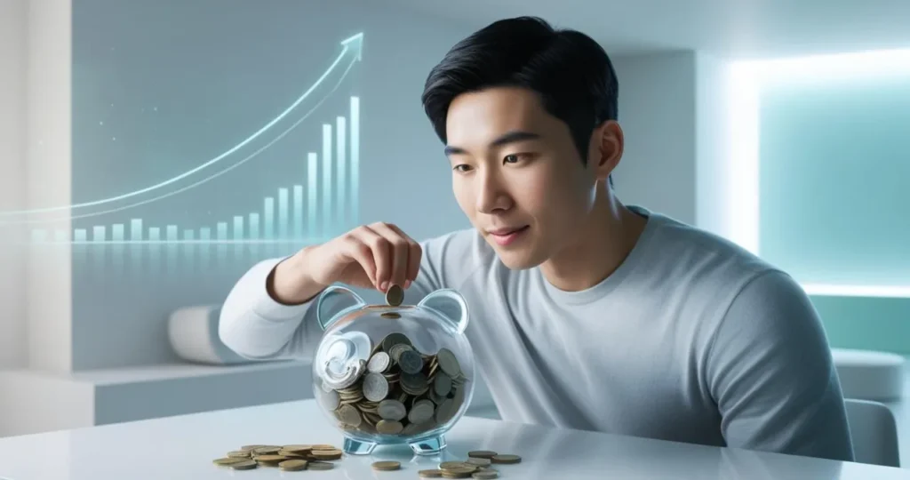 Jovens e finanças: adolescente economizando dinheiro em cofrinho transparente com gráfico de crescimento digital ao fundo.