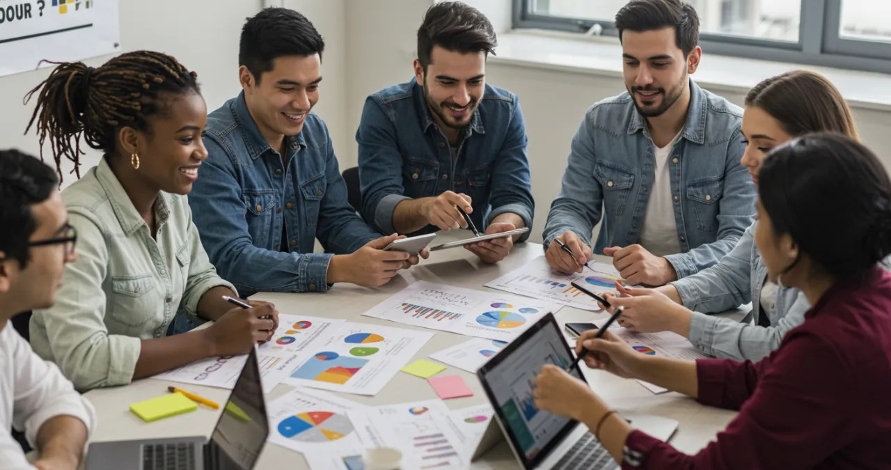 Jovens e finanças: grupo diverso de jovens adultos analisando gráficos financeiros em dispositivos modernos com expressões confiantes.