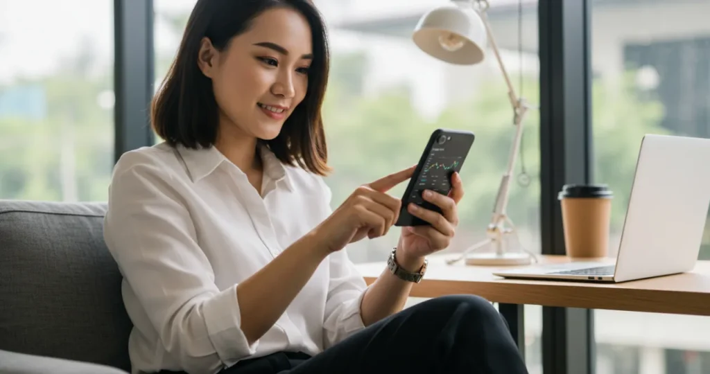 Jovens e finanças: jovem mulher diversificando investimentos em plataforma digital com múltiplos ativos financeiros.