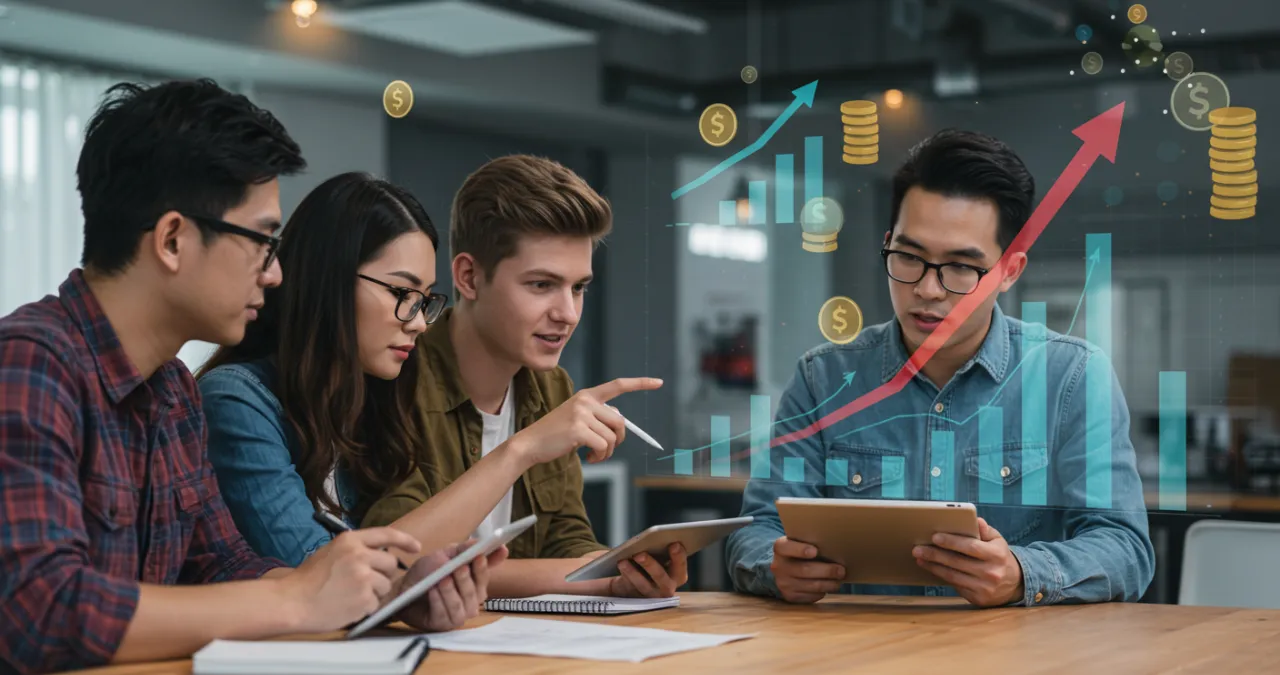 Jovens aprendendo sobre mercado financeiro em ambiente moderno com gráficos e tecnologia