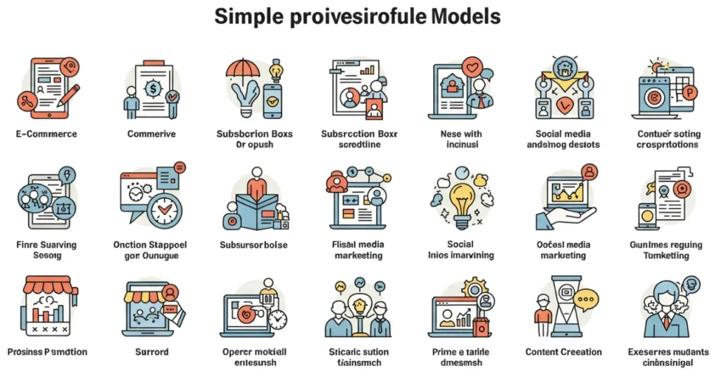 Diferentes modelos de negócios simples e lucrativos ilustrados em um diagrama com ícones representativos.