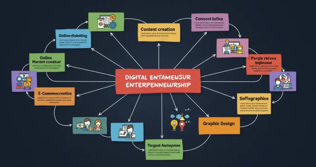 Mapa mental de nichos lucrativos para empreendedorismo digital com público-alvo bem definido.
