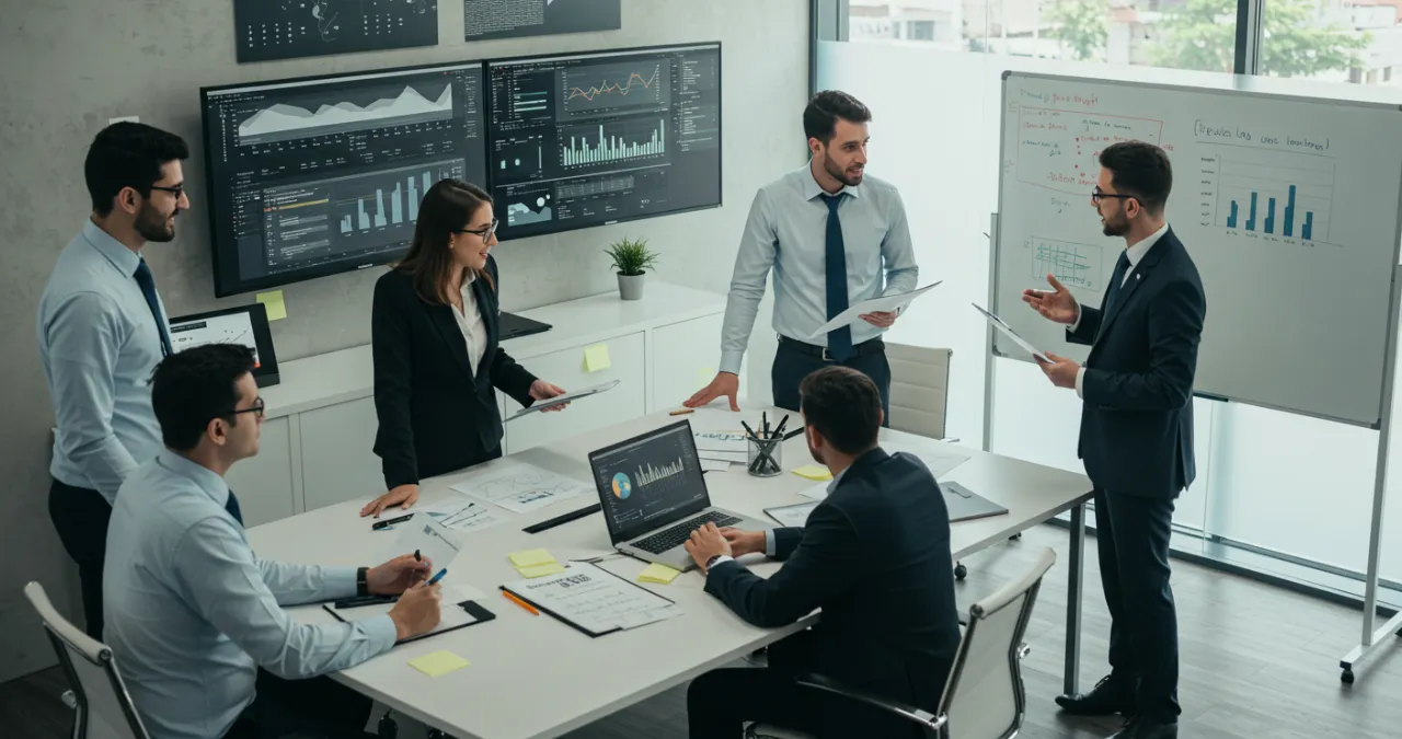 Analista identificando oportunidades de investimento em empresas endividadas com gráficos financeiros e indicadores positivos em tela