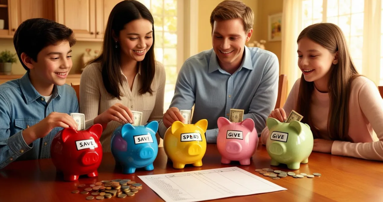 Pequenos investidores aprendendo sobre finanças com cofrinhos e moedas em ambiente familiar acolhedor