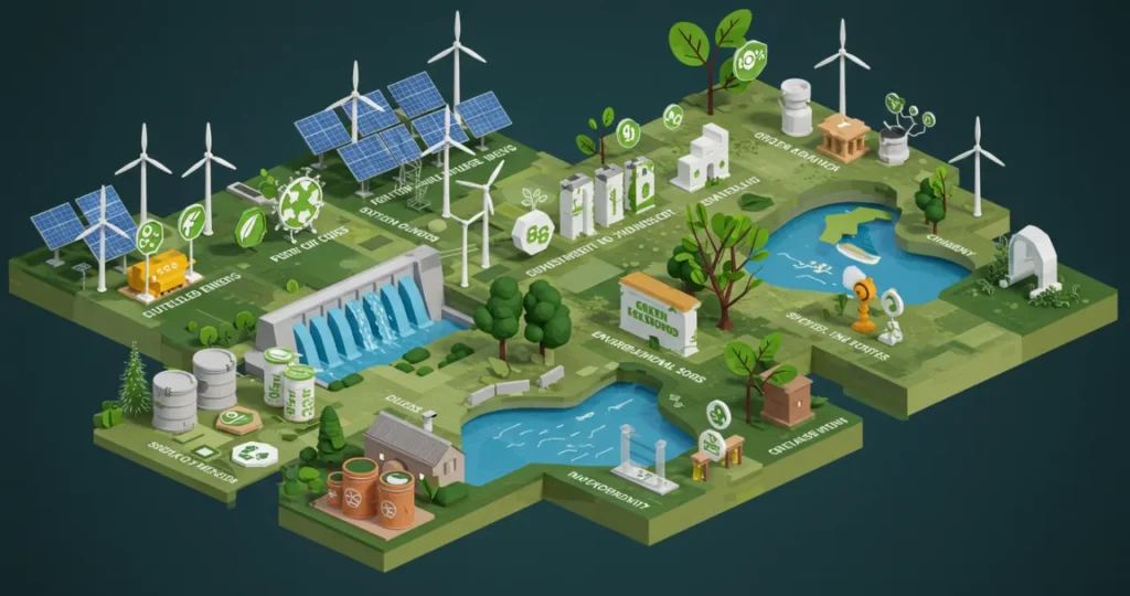 Portfolio diversificado de investimentos sustentáveis incluindo energias renováveis, green bonds e empresas com práticas ESG.