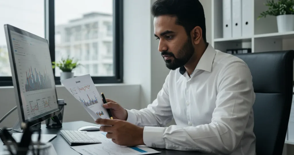 Profissional preparando documentação para negociar aumento de salário com gráficos e métricas