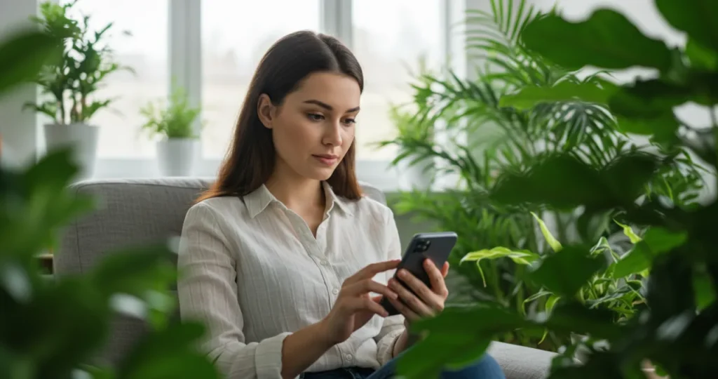 Investidor iniciante analisando opções de investimentos sustentáveis em dispositivo móvel com plantas crescendo ao redor.