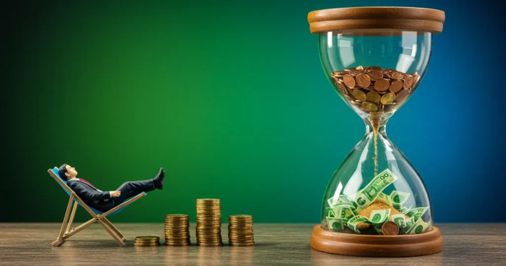 Conceito de liberdade financeira e viver de renda ilustrado com relógio e dinheiro trabalhando
