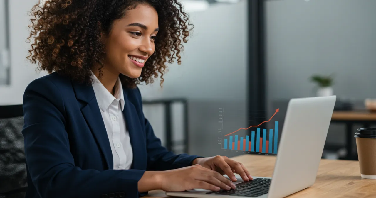 : Pessoa analisando planilha financeira para viver de renda com gráficos de investimentos ao fundo